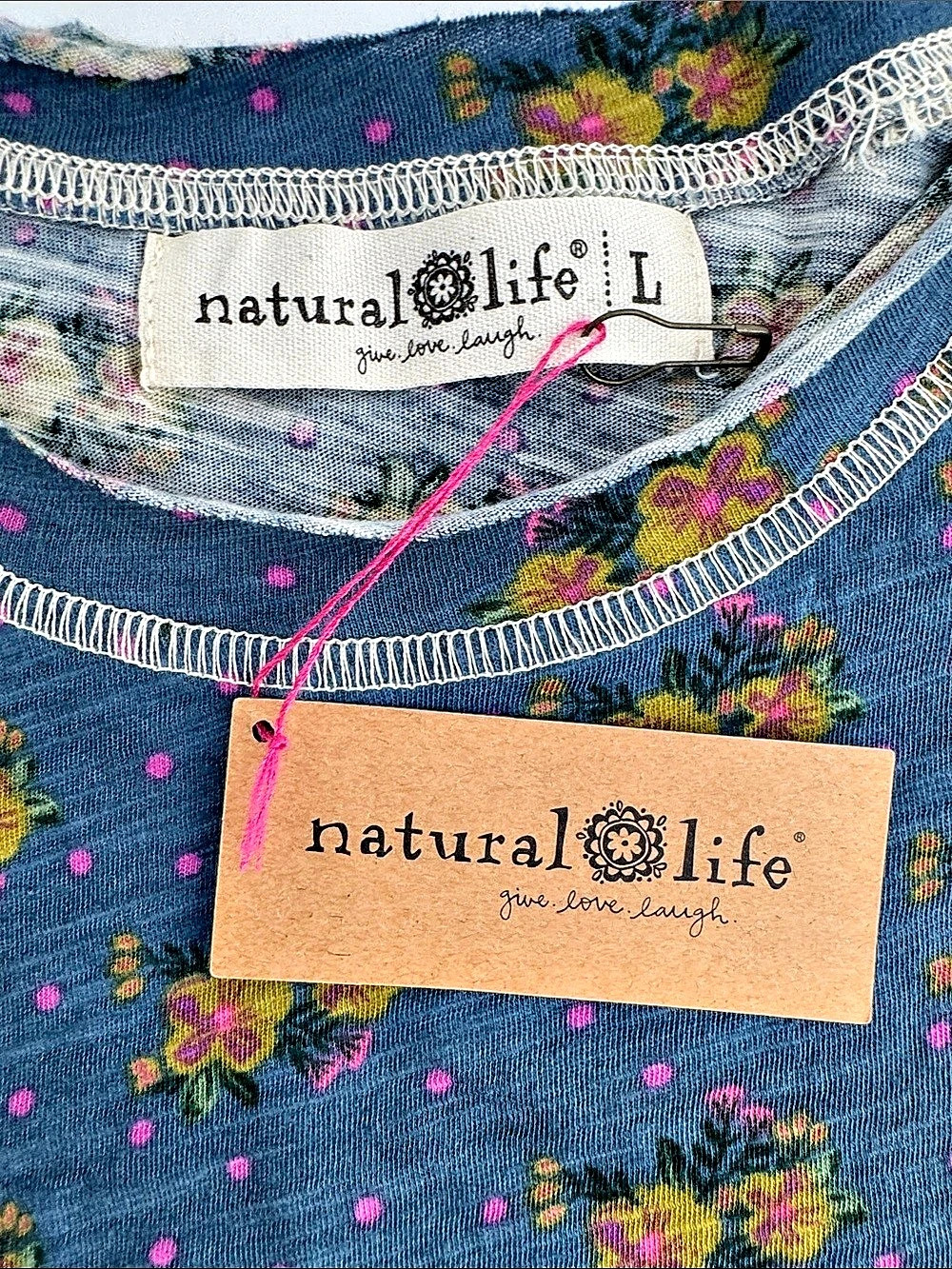 Natural Life Lily Cotton Short Sleeve Tee Shirt Floral Blue & Pink Large - Picture 4 of 8